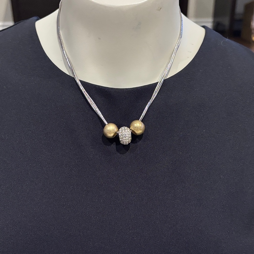 Lia Sophia Two-Tone Silver Cord Necklace with Gold Beads and Crystal Pavé